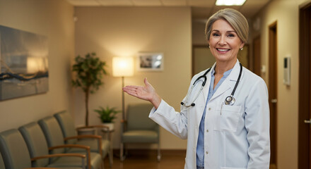 Experienced female doctor welcomes patients in modern medical clinic hallway