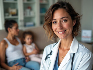 Ai-generated a young female pediatrician is seeing patients in her office.