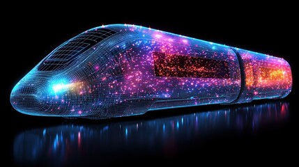 Futuristic high-speed train with glowing particles, isolated on black background.