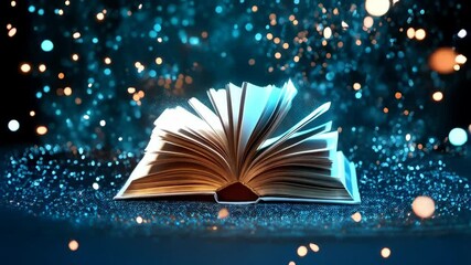 Open book with glowing pages surrounded by sparkles and bokeh lights creating a magical atmosphere, perfect for fantasy and learning.