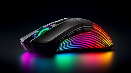 Illuminated gaming mouse with flowing rainbow LED lights against a dark background