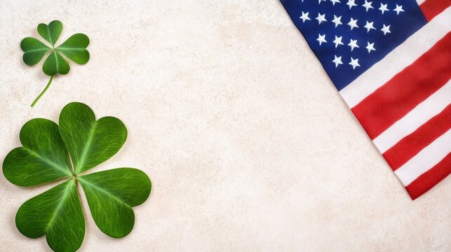 American Patriotism and Irish Luck - Two shamrocks and a corner of the American flag on a beige background. Perfect for St. Patrick's Day or other patriotic celebrations