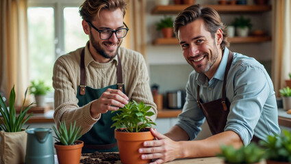 Ai-generated two men planting indoor flowers together.