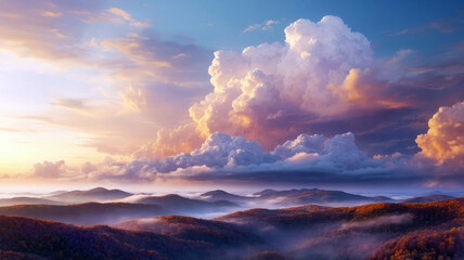 Ai-generated orange-blue cumulus clouds over a mountain landscape in the pre-sunset sun.