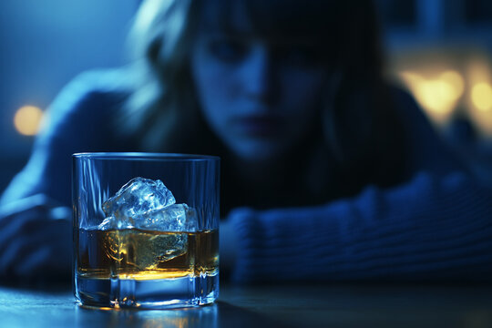 Close-up of whiskey glass with ice, blurred woman in background, depicting loneliness and despair, suitable for social issues or mental health awareness