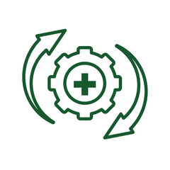 health icon. plus sign in gear with circular arrow. mental, medicine, pharmacy, hospital, drug, web. Line style design