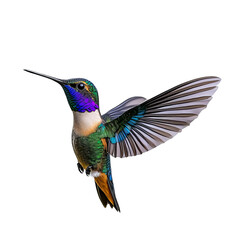 Obraz premium A vibrant hummingbird in mid-flight, showcasing its iridescent plumage and delicate wings. The bird's vibrant colors stand out against the clear background.