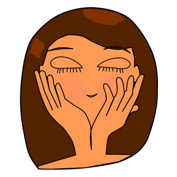 Mujer con manos en la cara y ojos cerrados. Mujer con manos en la cara con piel radiante y pelo casta&ntilde;o. Plano cabeza de mujer. Ilustraci&oacute;n de dibujo a vector. 