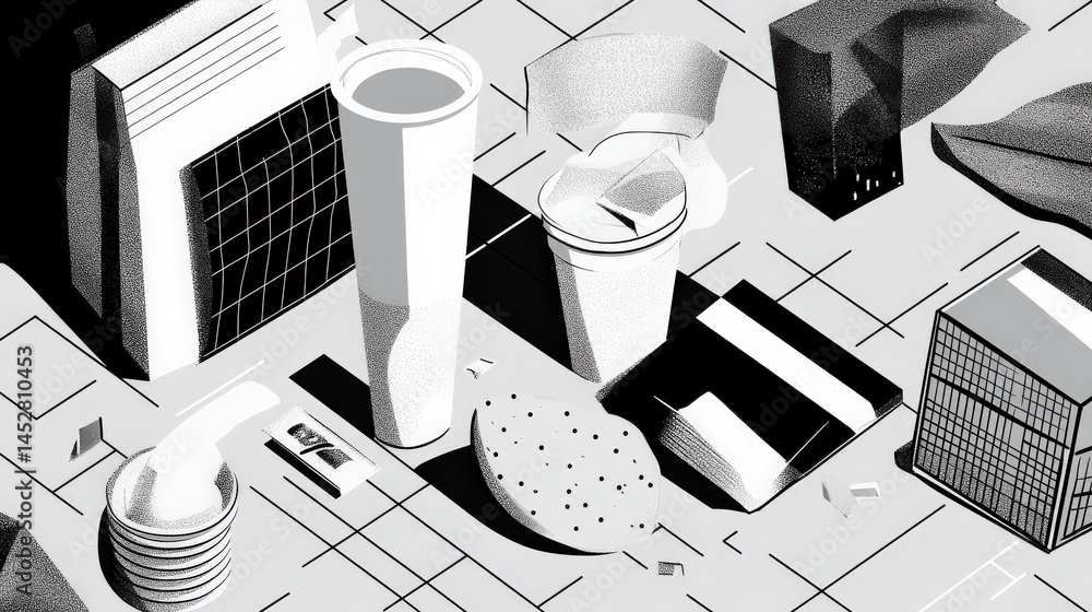 Poster abstract arrangement of monochrome objects on a grid, showcasing modern design elements