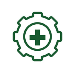 health icon. plus sign in gear. mental, medicine, pharmacy, hospital, drug, web. Line style design
