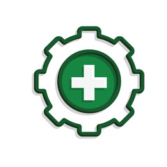 health icon. plus sign in gear. mental, medicine, pharmacy, hospital, drug, web. Mixed style design