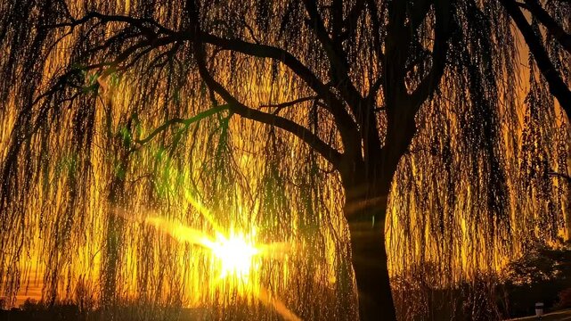 Golden Sunset Light Shines on Willow Tree