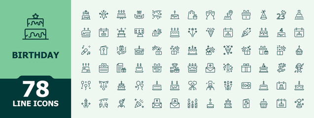 Birthday linear icon set. Includes symbols for anniversary, party, happy celebrate, firework, present and more. Minimalist linear icons. Vector collections. Celebration linear icon set.