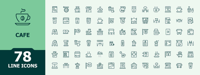 Cafe icon set. Related to table, teria, cook, shop, kitchen and more. Cafeteria related icon set. Minimalist icons collection. Editable stroke. Vector collection.
