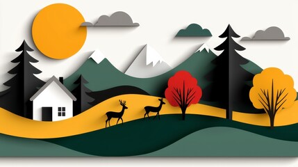 Serene Autumn Landscape Paper Craft Illustration with Two Deer