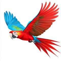 Obraz premium Red And Blue Macaw In Flight Against White Background