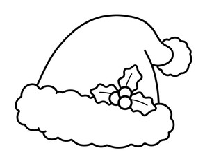 Santa Claus hat with Holly , fur trim and a fluffy pom-pom at the end. In the front there is a decorative element: a sprig of holly with three berries. Christmas. 