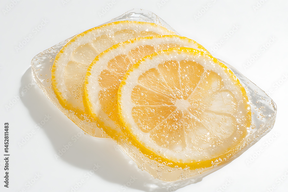 Poster lemon slices in ice: a refreshing and visually appealing presentation of citrus fruit encased in cle