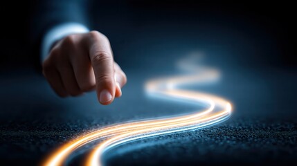Leader presents start up project A hand tracing a glowing path on a dark surface.