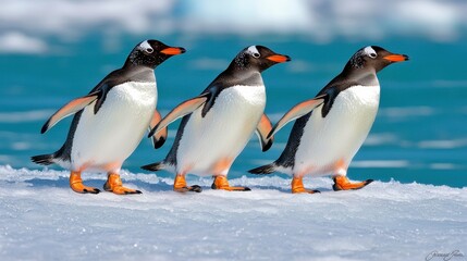 Obraz premium Three Gentoo Penguins Walking on Snowy Ice near Ocean