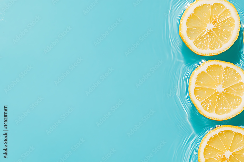 Poster lemon slices floating in vibrant blue water, creating refreshing and sunny vibes. perfect for summer