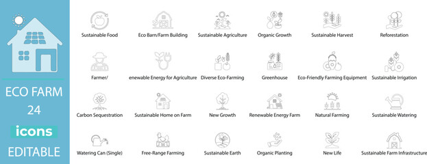 ECO FARM line style vector set – minimalist organic farming icons, sustainable agriculture, eco-friendly harvest, clean green energy, nature outline.