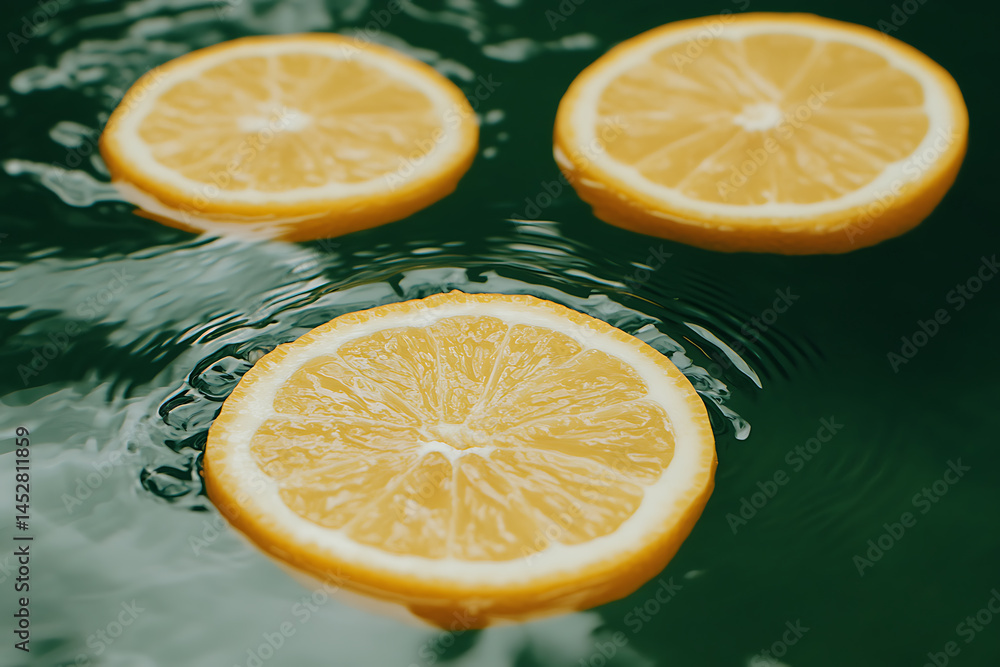 Poster lemon slices floating in water, creating a refreshing and vibrant image with ripples and reflections