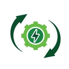 sustainable icon. green energy vector. electricity symbol with gear and circular arrow. reuse, recycle, zero emission, web. Solid style design