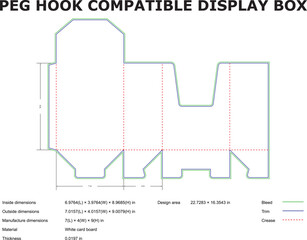 Peg Hook Compatible Display Box Die Cut Template With Dimensions In Inches