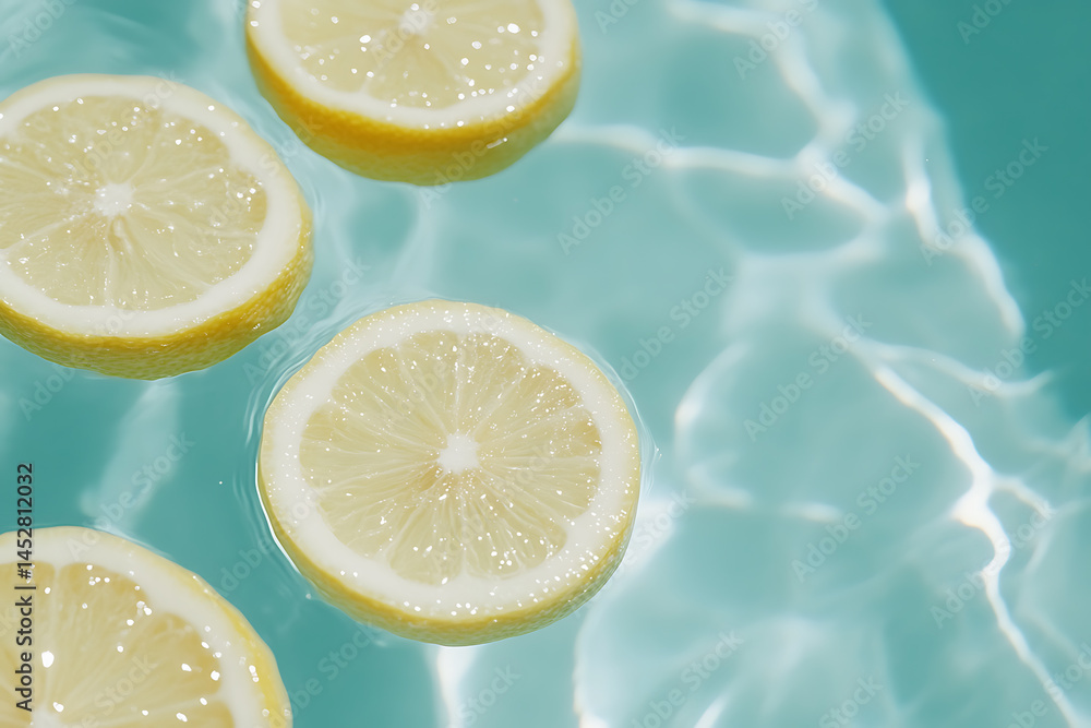 Poster refreshing citrus slices float serenely on tranquil, shimmering water, creating a vibrant and summer