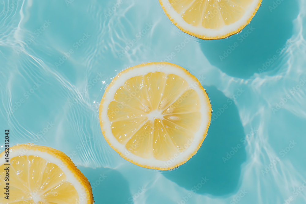 Poster refreshing lemon slices floating on a serene light blue water surface, creating a vibrant and summer