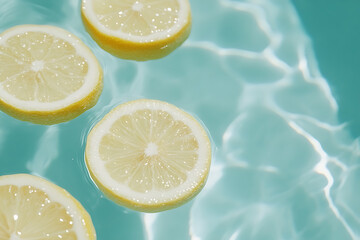 Refreshing citrus slices float serenely on tranquil, shimmering water, creating a vibrant and summery image. Perfect for bright, cheerful designs.
