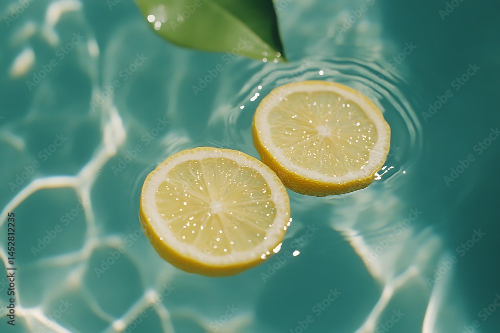 Poster lemon slices in water, creating a refreshing and vibrant scene with a touch of nature's beauty and a