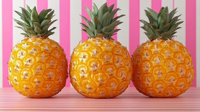 Three pineapples against pink and white stripes