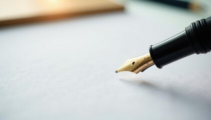 Elegant fountain pen poised above blank white paper , close-up, refined