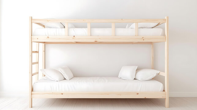 A minimalist wooden bunk bed with white linens and pillows stands against a white wall, creating a clean and serene sleep space.