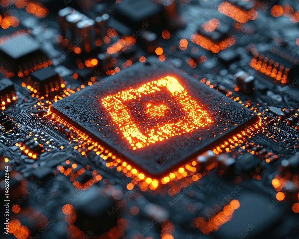 Poster close-up of a glowing microchip on a circuit board with intricate details (3)