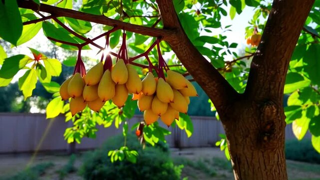 Fragrant Yellow Guava Clusters Hanging from Tree in Sunlight, Tropical Fruit Garden, Fresh Harvest, Nature and Agriculture, Organic Produce, Summer Garden Scene