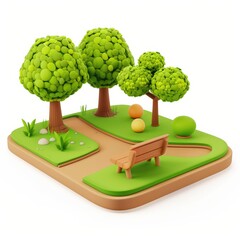 Cartoonish park scene with trees, path, and bench.