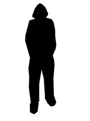Obraz premium A minimalist black silhouette of a hooded man standing with hands in pockets, set against a stark white background. The image evokes themes of mystery, anonymity, solitude, and identity.