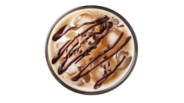 Overhead image of iced coffee with milk foam and chocolate drizzle, elegant look, isolated white, PNG format 