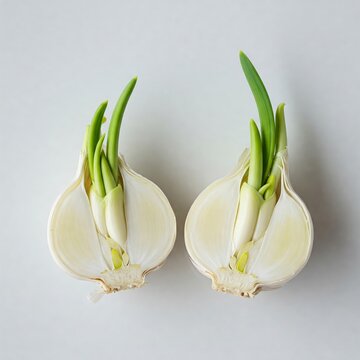 Young garlic. Overhead view of two halves of garlic
