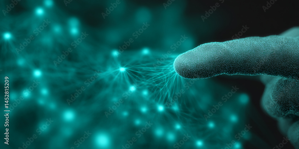 Poster teal fingertip interacting with a glowing network, representing digital connection, technology, and 