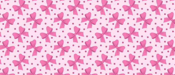 Seamless pattern with cute pink bows on polka dot background.
