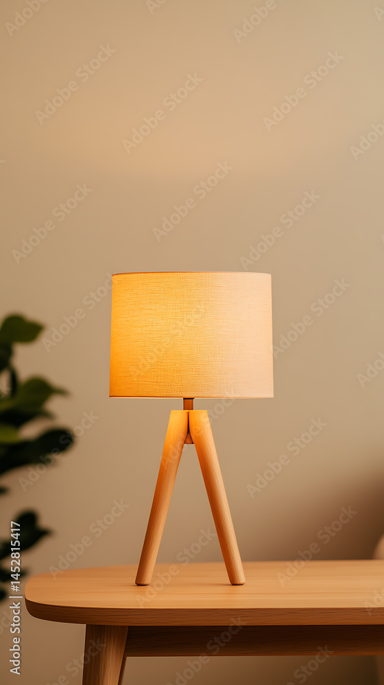 Aufkleber illuminated table lamp with a light wooden tripod base and a simple linen shade on a wooden table ne