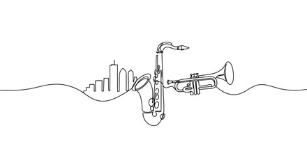 Musical instruments saxophone and trumpet outline against cityscape  