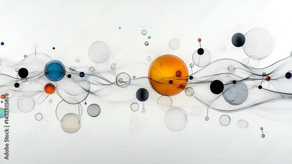 Poster abstract representation of vibrant circles and fluid lines on a light background conveying energy an