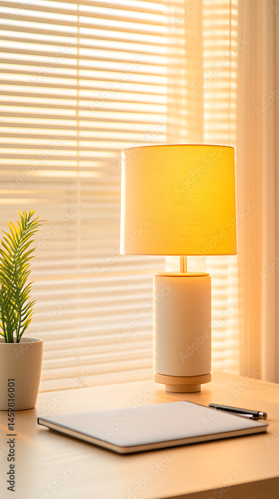 Poster warm desk setting with a glowing lamp, a notebook and a pen. an artificial plant adds a touch of gre