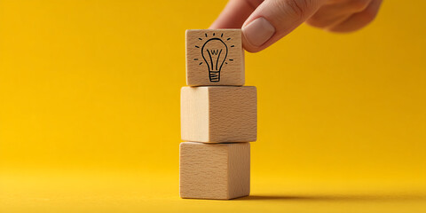 Three wooden cubes stacked, top cube shows lightbulb drawing, hand placing it, yellow background, symbolizes idea generation, innovation, problem-solving