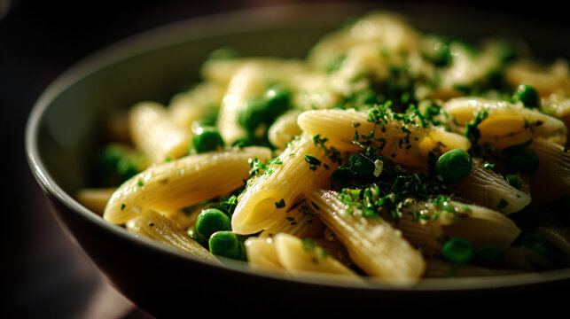 A bowl of pasta with gullible pea a classic italian dish.